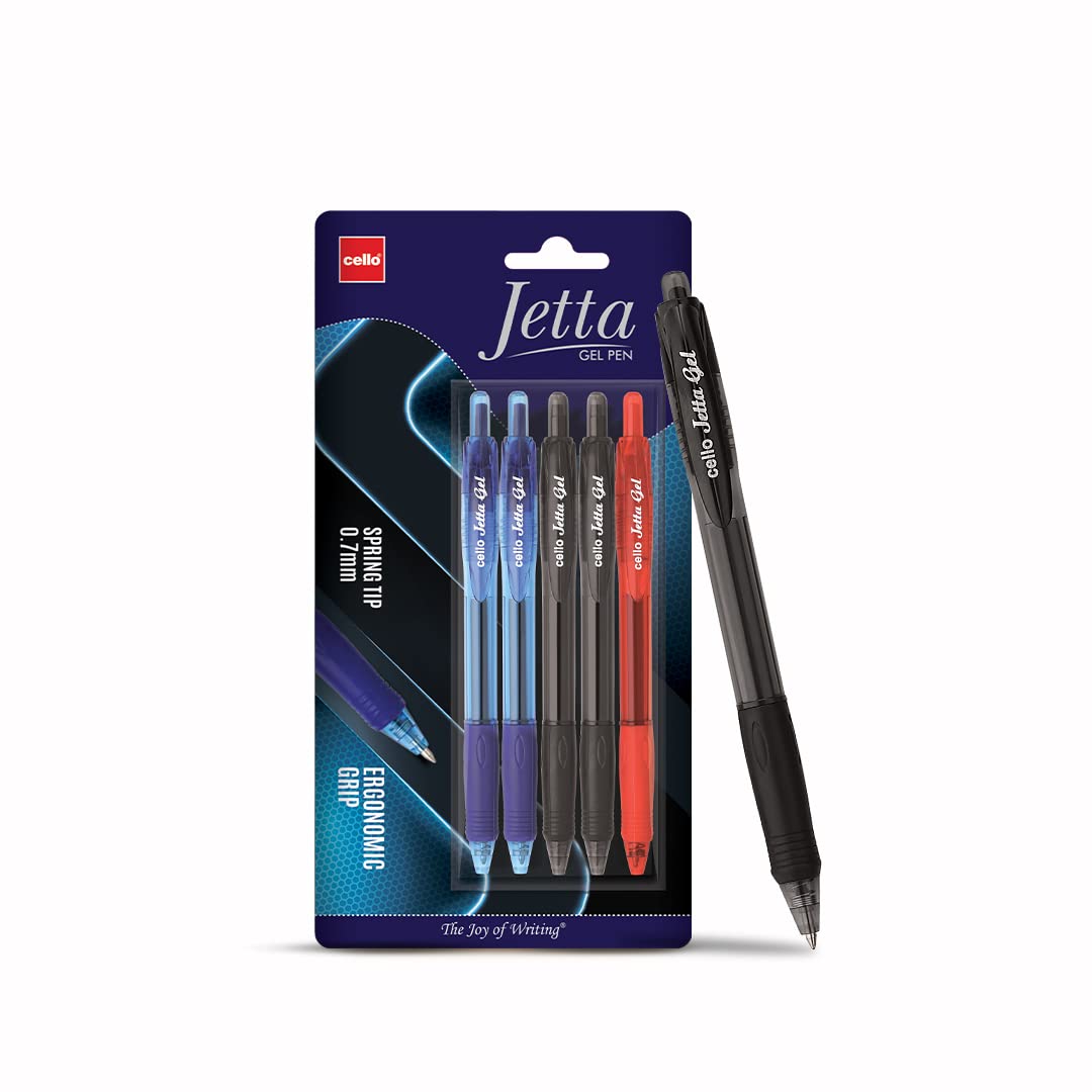 Cello Jetta Gel Pens Set | 2 Blue, 2 Black, 1 Red | Jumbo Refill Ball | Retractable for Students