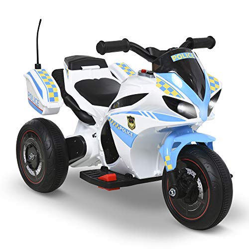 HOMCOM Moto Eléctrica para Niños de +18 Meses con Faros Música Batería 6V Recargable 3 Neumáticos Anchos Baúles de Almacenaje Moto de Juego 73x39x50 cm Azul