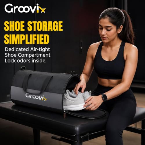 Image of GROOVIX 20L Gym Bag, Black, Polyester, Water Resistant, with Dedicated Shoe Compartment, Adjustable Shoulder Strap, Unisex Duffel for Training, Yoga, and Travel