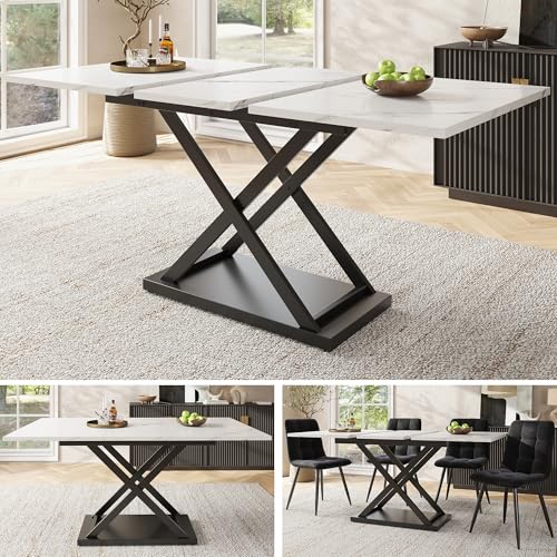 NuvlaGu Mesa de comedor telescópica (120-160 × 80 cm), mesa de comedor extensible, mesa de cocina que ahorra espacio, patas de hierro cruzadas negras, para cocina y salón (blanco y negro)