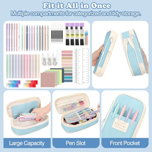 Image of MoKo Pencil Case with Supplies, 60Pcs Aesthetic School Set, Blue | Includes highlighters, gel and ballpoint pens, mechanical pencils, refills, sticky notes, correction tapes and rulers.