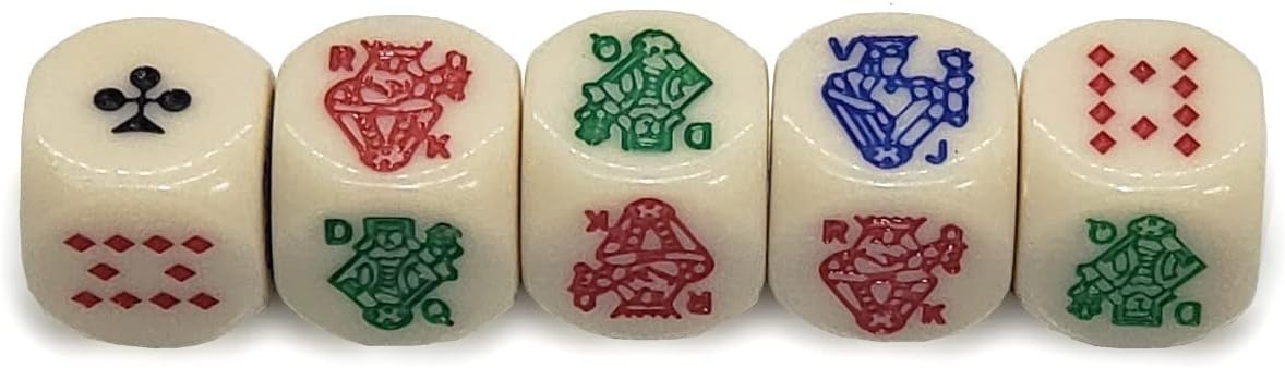 Set of 16mm Ivory Tone Poker Dice Rounded Corners and Black PU Leather Dice Cup Plush Felt Lined - Gift Boxed (Black Lining with Lid)