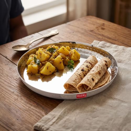 Image of HAZEL Stainless Steel Lunch Plate 23 cm | Plate with Hammered Style Side Walls | Daily Use Dinner Plate Food Serving Plate for Restaurant Thali