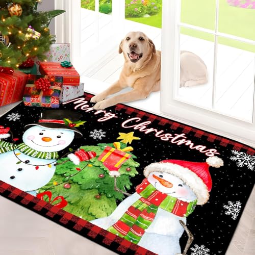 Svepndic 32×47 Merry Christmas Decorative Doormat Indoor Mat Welcome Floor Mat Non Slip Blanket Washable Entrance Door MatsLow Profile Winter Snowman Christmas Tree Door Mat