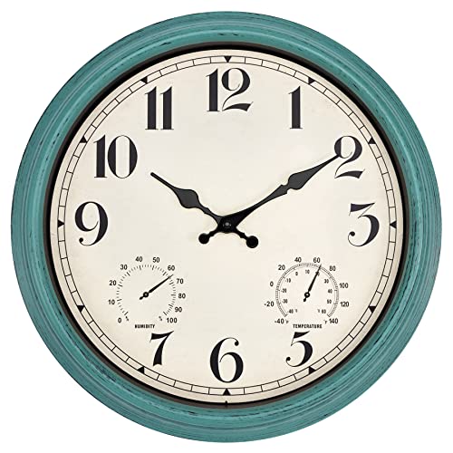Foxtop 16 Inch Large Outdoor Clocks, Waterproof Wall Clock With Thermometer And Hygrometer Combo, Battery Operated Non-Ticking Quartz Round Clock For Patio Home (Green) #TOP25
