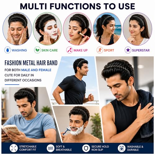 Image of Black Metal Hair Band for Men - 6 Pcs Thin Wavy Non-Slip Adjustable Headbands for Women & Boys, Sports, Gym, Yoga, Running & Face Wash