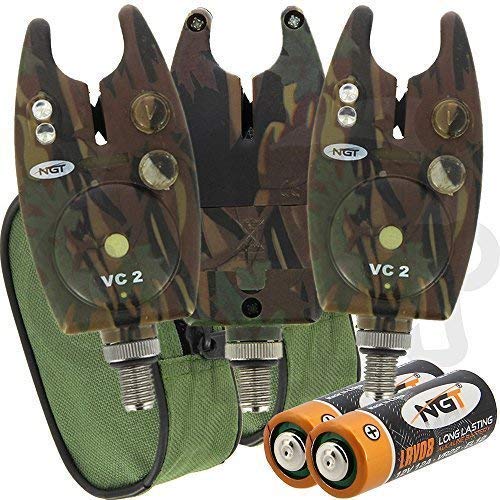 NGT 2 x Deluxe Carp Fishing VC2 Bite Alarm Indicator with Volume + Tone Control Free Battery And Case