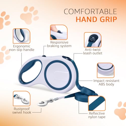 Image of Amazon Basics Retractable Dog Leash | 5 Meter | for Large Dogs Up to 50 Kg | Heavy Duty Leash for Pets | Strong Nylon Tape, Anti-Slip Handle, Built in Spring, One-Click Brake Pause | Grey & Blue