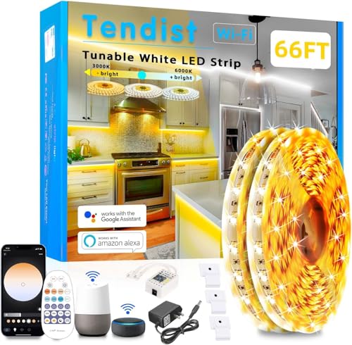 Image of 66FT White LED Strip Lights 3000K-6500K Dimmable, Smart Strip Light Alexa Compatible, 24V WiFi Flexible Tape LED with APP & RF Remote, Cabinet Lighting Self-Adhesive for Room, Kitchen