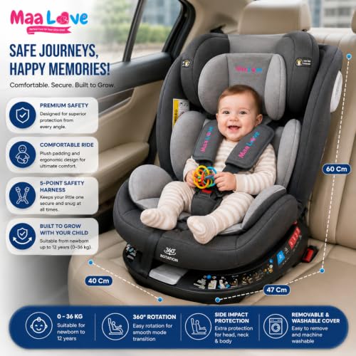 Image of Premium (6 in 1) Car Seat 360 Rotating Recliner Baby Car Seat for 0 to 12 Years Forward Facing & Rear Facing, 5-Adjustable Recline Levels, Adjustable Headrest with 5-Point Safety Harness