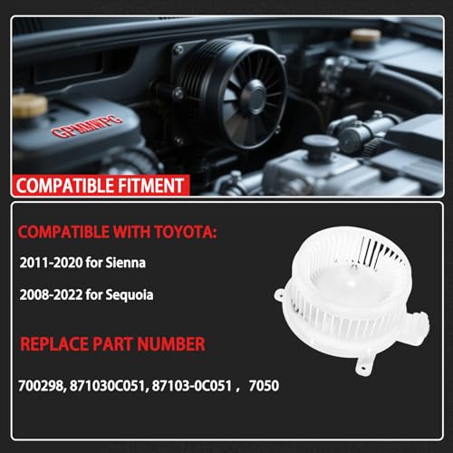 Image of 700298 HVAC Heater Blower Motor Fan Front Replacement Compatible with Toyota Sienna 2011-2020, for Toyota Sequoia 2008-2022, Replaces# 871030C051,87103-0C051,75050