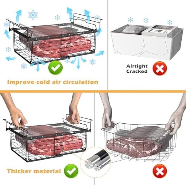 NADAMOO Hanging Chest Freezer Organizer Bins, 2 Pack Large Expandable Freezer Baskets for Chest Freezer, Metal Adjustable Storage Containers for Deep Freezer - Black