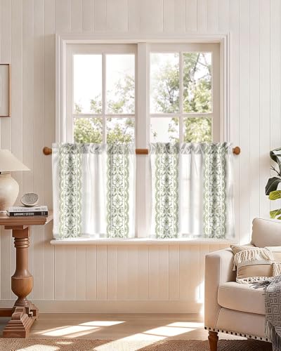 Image of Miss Adola Boho Kitchen Curtains - 24 Inch Length Linen Blend Green Floral Cafe Curtains Farmhouse Tier Curtain Short Drapes Rod Pocket for Bathroom Living Room Windows Light Filtering, 2 Panels