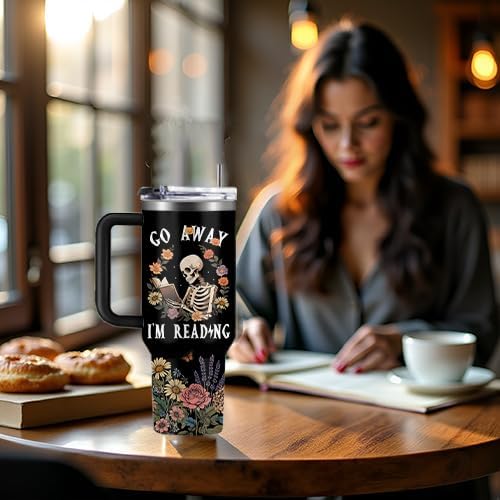 Skull Floral Tumbler 40oz with Lid & Straw - Go Away I'm Reading Skeleton Reading Gifts, Halloween Christmas Ghostface Decoration Horror Gifts Idea for Men Women Gothic Skulls - Image 3
