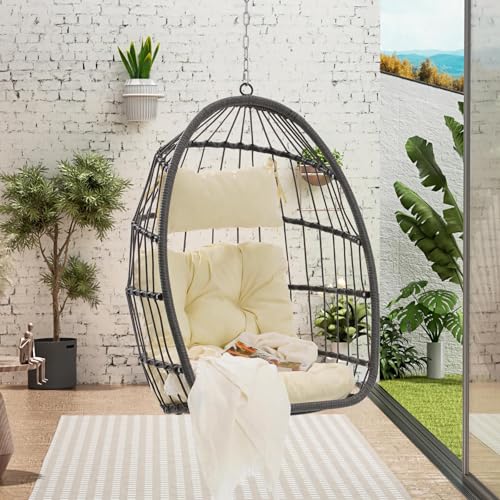 Hanging Egg Chair Without Stand Outdoor Swing Chair with Steel Frame & Rattan 350lbs Capacity Khaki Suitable for Outdoor/Indoor Patio Garden Balcony Porch Bedroom No Assembly (Khaki+Grey)
