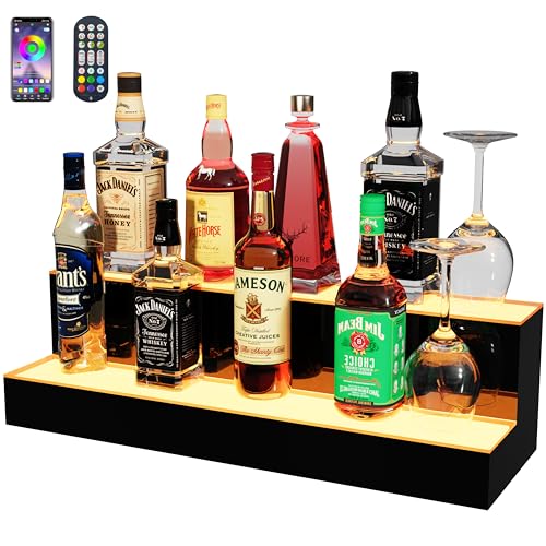 Image of MESAlLUP 24 Inch 2 Tier Lighted Liquor Bottle Display Shelf, LED Bar Shelves with APP or Remote Control, Mulit Color Lighting for Home Mini Bars Decor, Restaurants & Party Use, Acrylic Stand