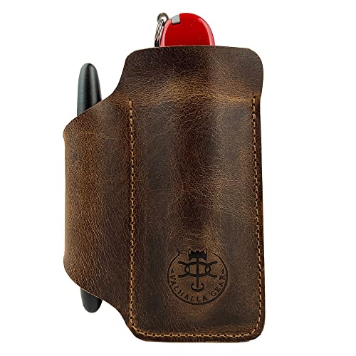 Valhalla Gear, Tiny Tool Case With Pen Slot Handmade From Full Grain Leather - Vertical Holster, Multitool Holder, Camping & Outdoor Accessories - Bourbon Brown #TOP3