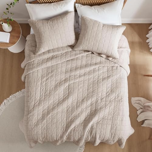 Hyde Lane Luxury Linen Quilt Set Queen Size, Organic European Flax Cotton Blend Bedding for Bedspread and Coverlet, Box Stitched, with 2 Pillow Shams, 90\"x96\", Linen - Thumbnail 7