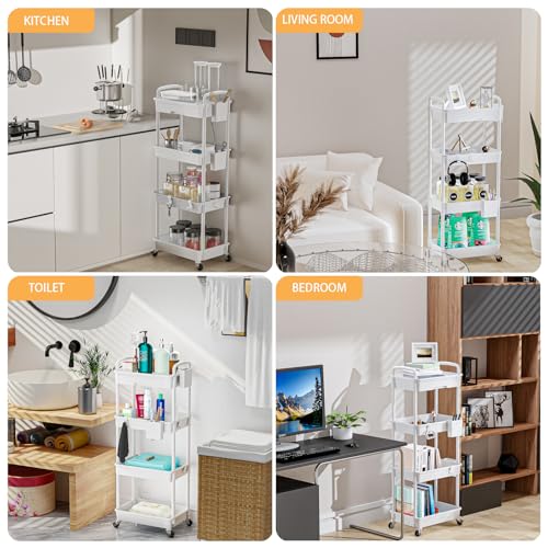 Image of 4 Tier Rolling Utility Cart with Drawer,REBECAT Utility Cart Made of Multifunctional Storage Organizer Tool for Kitchen,Bathroom,Living Room,Office(Gray)