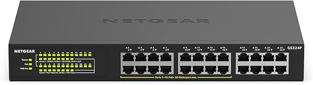 NETGEAR PoE Switch 24 Port Gigabit Ethernet Unmanaged Network Switch (GS324P) - with 16 x PoE+ @ 190W, Desktop or Rackmount