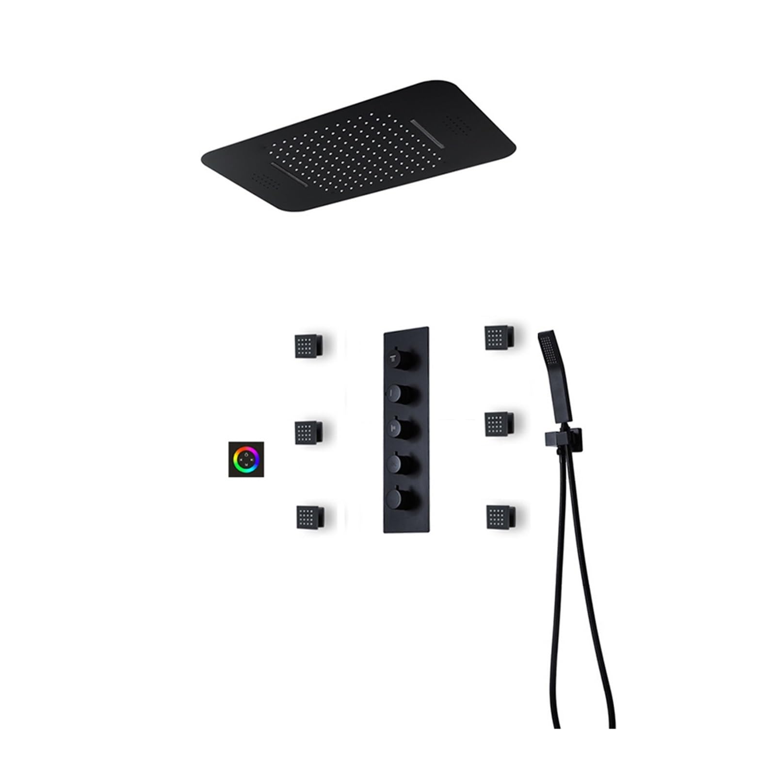 Set di sistemi doccia di lusso neri ， Soffione doccia a LED con soffione a pioggia ad alto flusso d'acqua Pannello doccia con altoparlante for musica ， Miscelatore termostatico Rubinetto in ottone(Sty