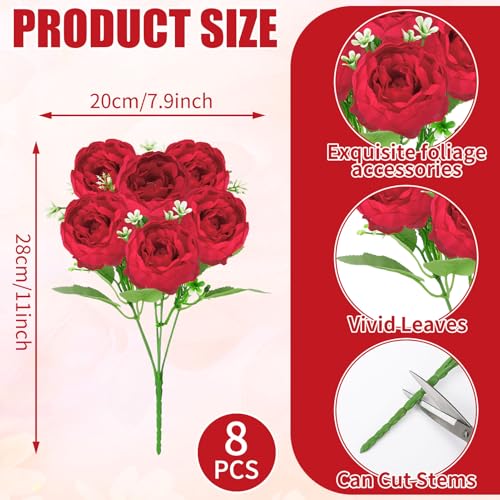 Image of 8 Pack Red Peonies Artificial Flowers, Fake Silk Hydrangea Bouquet for Bridal Wedding Home Table Decor Reusable Dining Opening Ceremony Birthday Arrangement Faux Floral