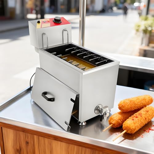 Friggitrice Elettrica per Hot Dog, Macchina per Corn Dog Da 3000 W, 12 Ganci, Con Manopola Di Controllo Della Temperatura E Rubinetto Di Scarico Dell'olio, Regolabile Da 130 a 200 °c, Capacità 25 L
