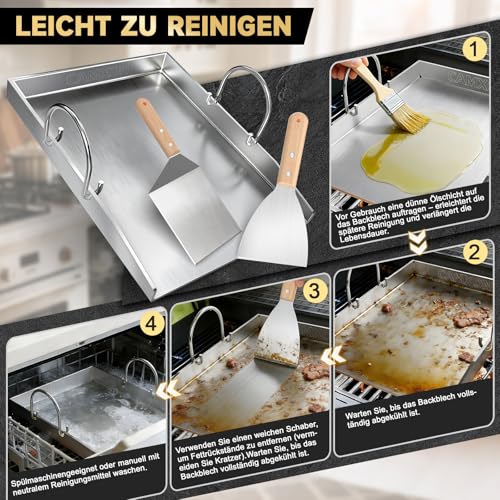 Camxon Universelle Edelstahl Plancha Grillplatte 40.5×31CM mit 4MM verdickt, mit Fettablauf, Spülmaschinenfest inkl. für BBQ Gasgrill & Kohlegrill Geeignet 6