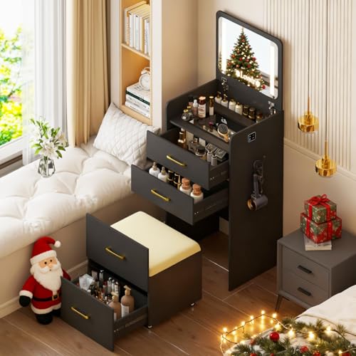 HNEBC 3 in 1 Vanity Desk with Plip Top LED Mirror,Small Dressing Table Set with Visible Glass Desktop,Compact Vanity with 3 Drawers,Storage Compartment and Padded Stool,for Bedroom(Black)