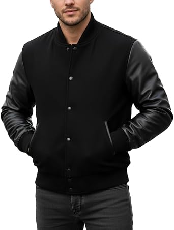 Mens Varsity Jacket Faux Leather Sleeve Wool Blend Letterman Jacket - High School Baseball Bomber Jackets for Men