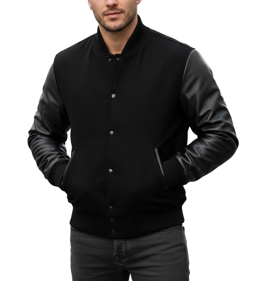 Unisex Women/Mens Lettermen's Jacket - Black Wool and Faux Leather