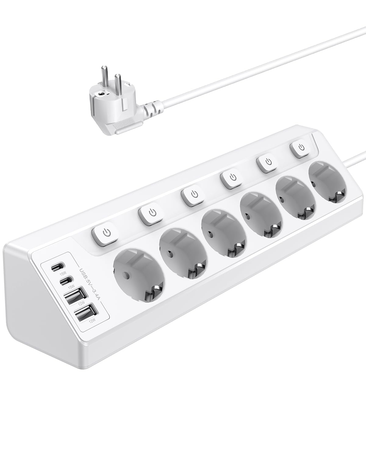 Vipwell Ecksteckdose mit Unabhängigem Schalter，Steckdosenleiste Mit 4 USB (2 USB C)+6 Fach Steckdose Mit Kindersicherung, 3680W, 2M Verlängerungskabel für Küche, Büro, Haushalt (Weiß)