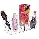 mDesign Plastic Makeup Storage Organizer Caddy Tote - Divided Basket Bin, Handle for Eyeshadow Palettes, Nail Polish, Makeup Brushes, Cosmetic and Shower Essentials - Large - Clear