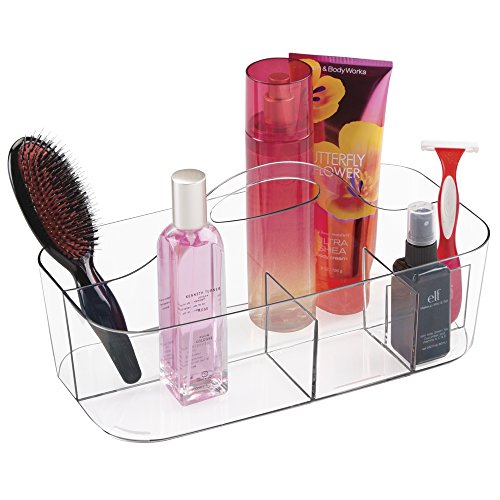 mDesign Plastic Cosmetic Storage Organizer Caddy Tote - Divided Basket Bin with Handle for Makeup Palettes, Nail Polish, Brushes, Beauty and Bath Essentials - Lumiere Collection - Clear