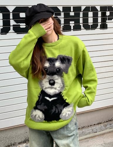 Image of Women's Oversized Vintage Animal Dog Graphic Crewneck Holiday Sweater Long Sleeve Knitted Pullovers Tops