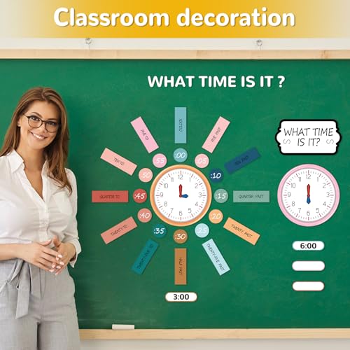Image of Kosiz 55 Pcs Boho Telling Time Bulletin Board Kit Teaching Clock for Kids Back to School Analog Clock Number Labels Learn to Tell Time Practice Prop 1st 2nd 3rd Grade Classroom Home Supply