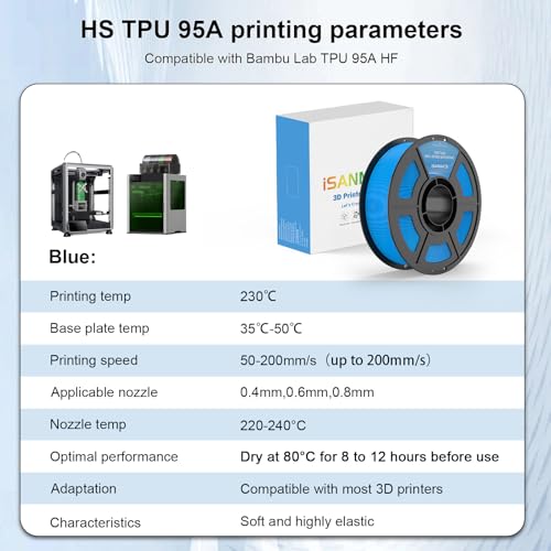Image of iSANMATE HS TPU Filament 1.75mm, Blue TPU 95A HF High Speed, 1kg | Flexible Tough Wear-Resistant Elastic; HF TPU 50-200mm /s; Compatible with Bambu Lab and Most FDM 3D Printer; for TPU Beginner