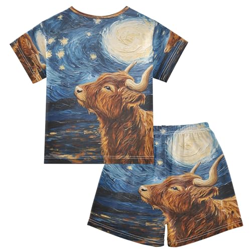 ALAZA Highland Cattle Starry Sky Van Gogh Watercolor Pajamas Set Short Sleeve Cotton Sleepwear Summer Pjs 2 Piece 5-14Y2
