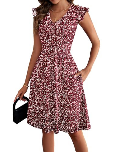 Image of HELYO Women's Summer Dresses Cute V Neck Ruffle Sleeve Cocktail Short Work Casual Dress with Pockets 648