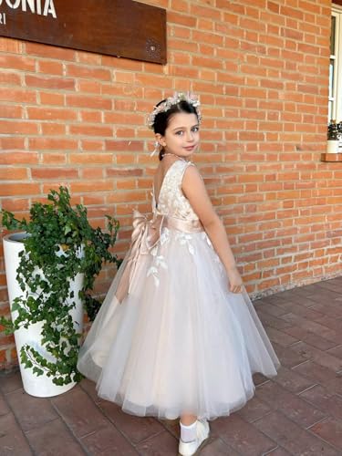 Flower Girl Dress for Wedding Tea Length Lace Applique Tulle Princess Kids Birthday Pageant Party Gown with Bow-Knot3