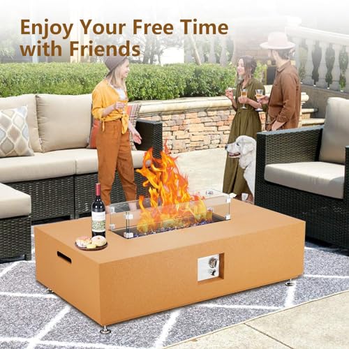 48 Inch Propane Fire Pit Table, 50000BTU Outdoor Rectangular Gas Firepit with Wind Guard, Glass Beads & Rain Cover, Add Warmth and Ambience On Patio Deck Garden, CSA Certified Fire Table, Orange