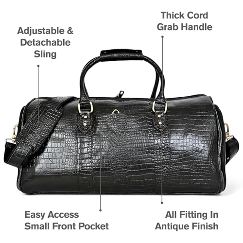 Image of Genuine Leather Premium Travel Duffel Bag Luggage for Sports Gym Stylish 35 Liter Tour Bag for Men and Women-Carry on 20 Inch Weekender Luggage Overnight Bags for Men, Medium (Black, Medium)
