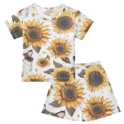 ALAZA Cat Sunflower Kitten Pajamas Short Sleeve 2 Piece Sleepwear Top and Bottom Pajama Set Unisex