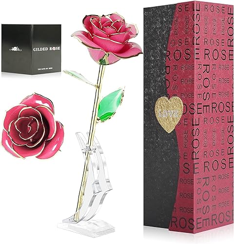 Rosa de Oro 24K,Rosa Eterna Flores Chapadas en Oro con Base Soporte Transparente y Caja de Regalo para el Día de San Valentín,el Día de Madre, Mujer,Novia, Esposa,Aniversario,Cumpleaños Regalo