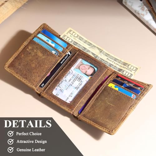 Image of Genuine Hunter Leather Trifold Wallet for Men and Women | Handmade RFID Protected Hidden Pocket and ID Window | Multiple Card Slots Cash Compartments | Compact Daily Carry | Vintage Brown