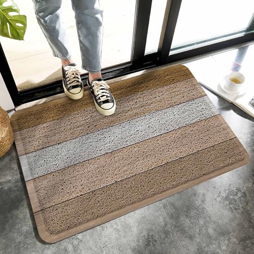 Ooomigasusi 玄関マット 木目 レトロ 縞 ベージュ ドアマット 60×90cm 屋内 屋外 ループ状 泥落とし 滑り止め付 吸水 足ふき 洗える 業務用 自宅用 厚手 浴室 お風呂 円角長方形 丈夫 抗菌 防臭