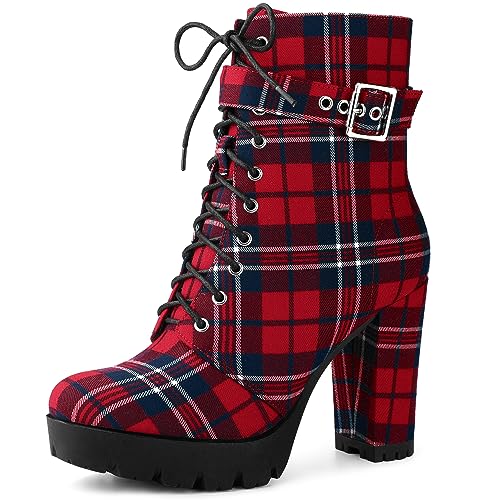 Perphy Platform Lace Up Chunky Heel Plaid Printed Ankle Combat Boots for Women
