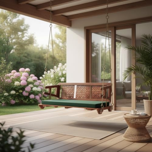 Image of APRODZ Swing for Home Reversible Sheesham Wooden Jhula for Adult for Home | Wooden Swing for Balcony | Hanging Swings with Brass Coated Chain | Patio 3 Seater Indoor /Outdoor, Honey Finish