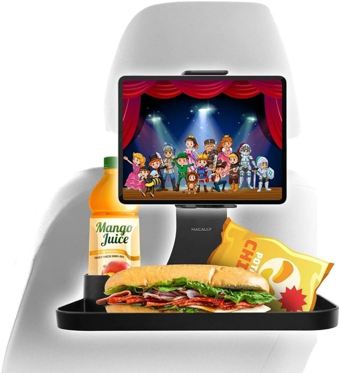 Macally Car Headrest Tablet Holder with Car Tray - for Phones and Tablets 4.5” to 10” Wide - Adjustable iPad Car Mount with Car Table and Cupholder - iPad Car Holder Back Seat