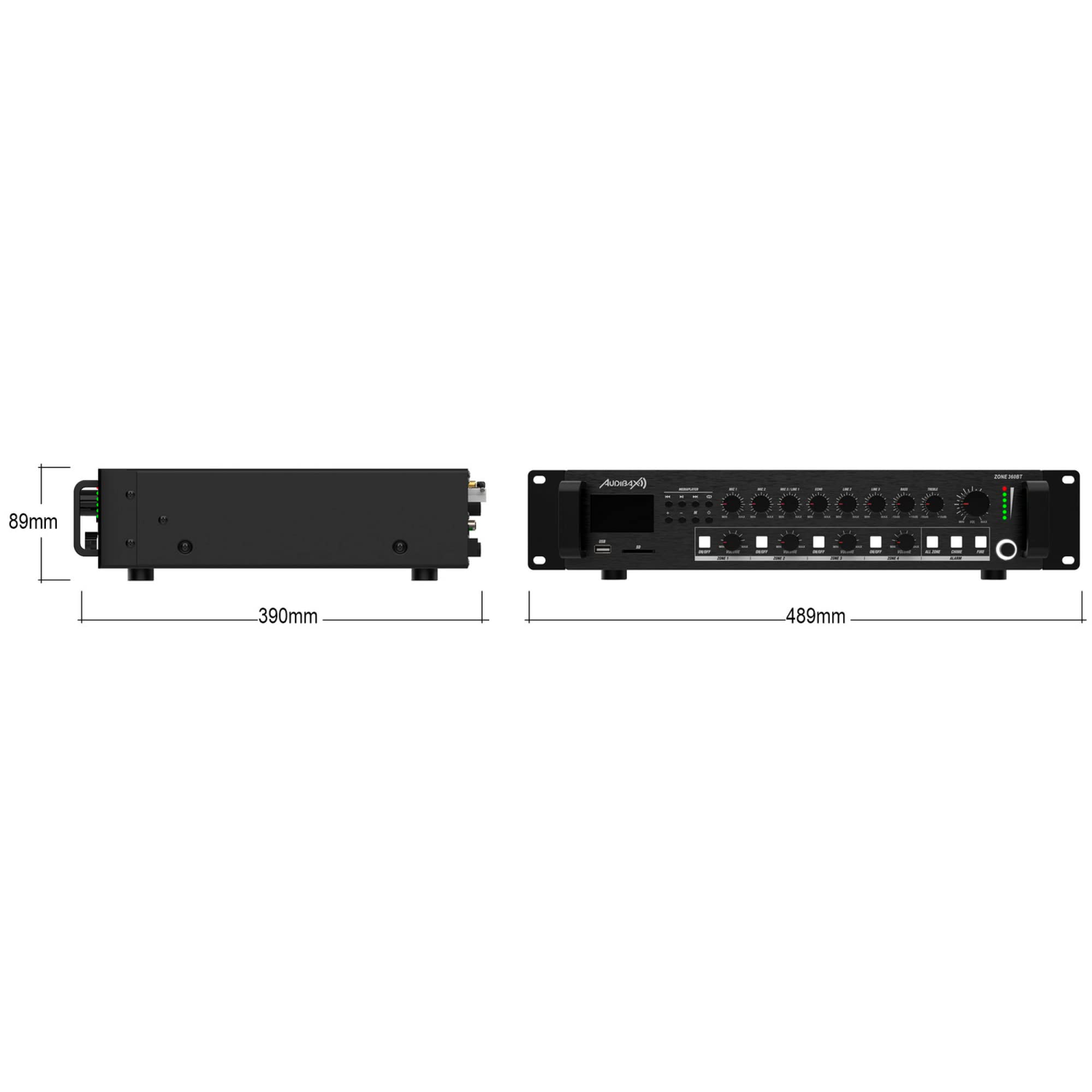Audibax Zone 360BT - Amplificatore Audio per Più Zone - Potenza in Uscita 360W - Ingressi Cavo Multipli - Mixer Audio con Connessione Bluetooth, USB e SD - Alimentazione Phantom